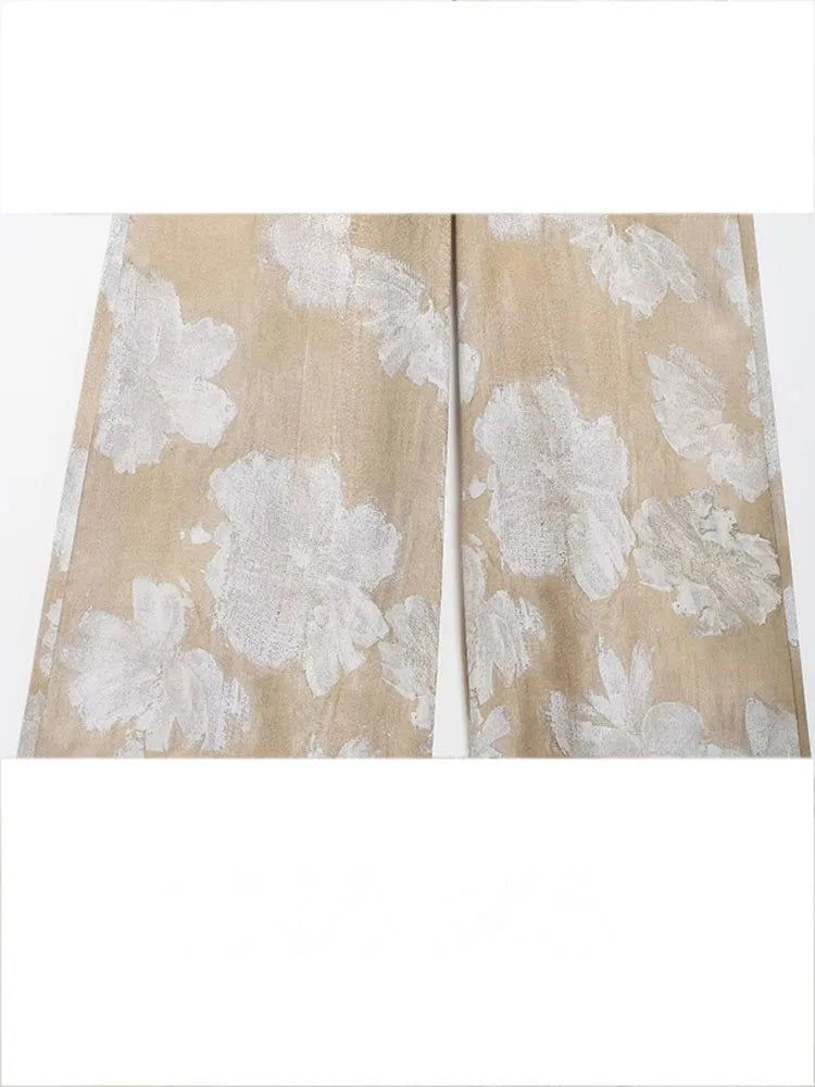 HH Women's Summer Clothing Chic Floral Print Silk Satin Casual Shirt + Retro Zipper Fly Pocket Trousers 2-piece Set