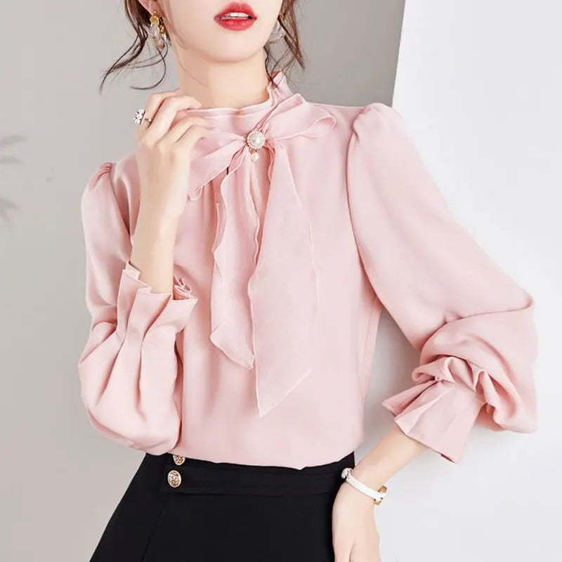 Women's Clothing Commute Stand Collar Bow Blouse Basic Solid Color Spring New Fashion Three-dimensional Decoration Ruffles Shirt