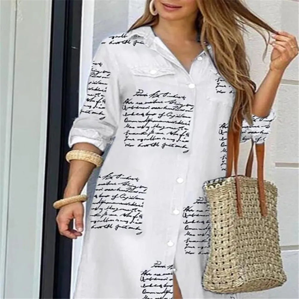 Women Dresses Fashion Sexy Single-breasted Dress Loose Lapel Casual Women's Clothing  Literary Printing Long Shirt Skirt