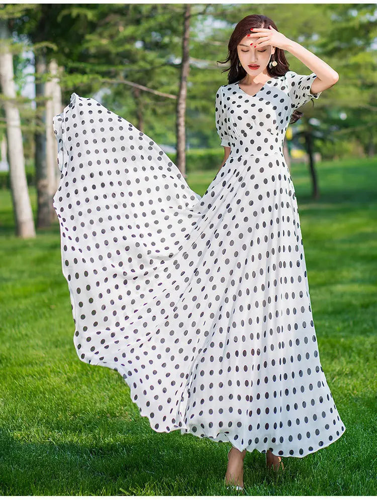 Women's Clothing Red Polka Dot  Summer Dress New Vacation Bohemian Beach Chiffon Long Dresses Female Vestidos Elegant Lady Dress