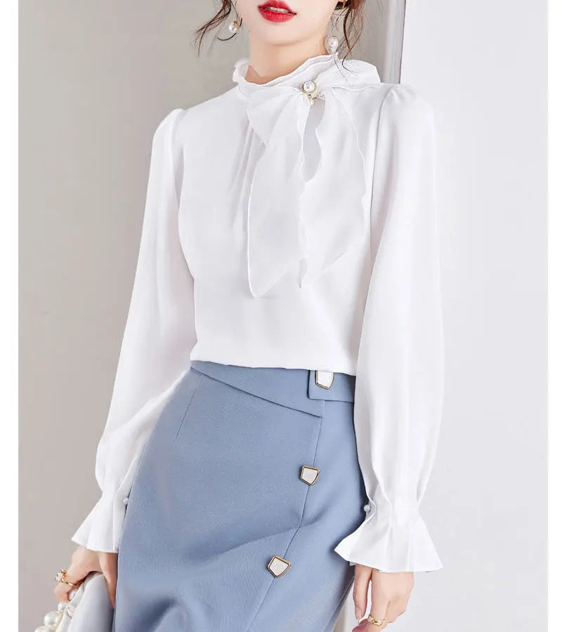 Women's Clothing Commute Stand Collar Bow Blouse Basic Solid Color Spring New Fashion Three-dimensional Decoration Ruffles Shirt