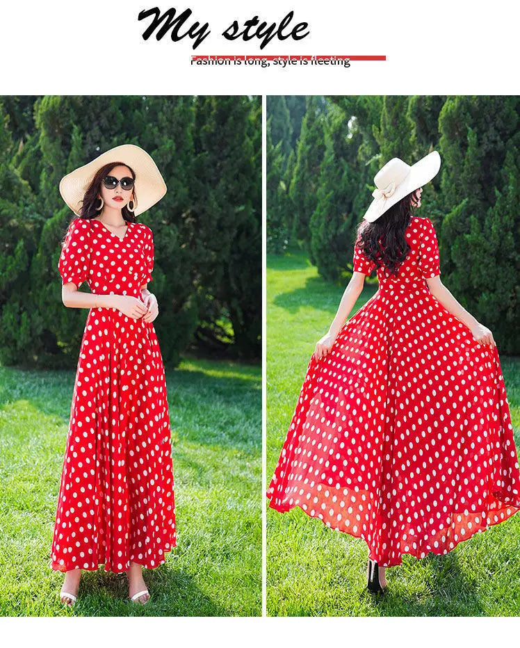 Women's Clothing Red Polka Dot  Summer Dress New Vacation Bohemian Beach Chiffon Long Dresses Female Vestidos Elegant Lady Dress