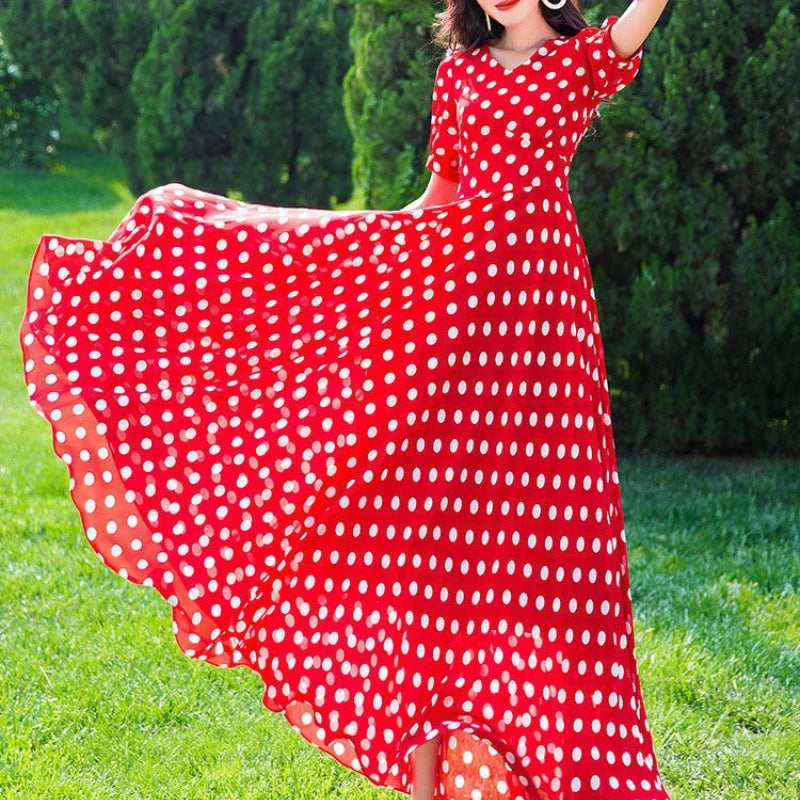 Women's Clothing Red Polka Dot  Summer Dress New Vacation Bohemian Beach Chiffon Long Dresses Female Vestidos Elegant Lady Dress