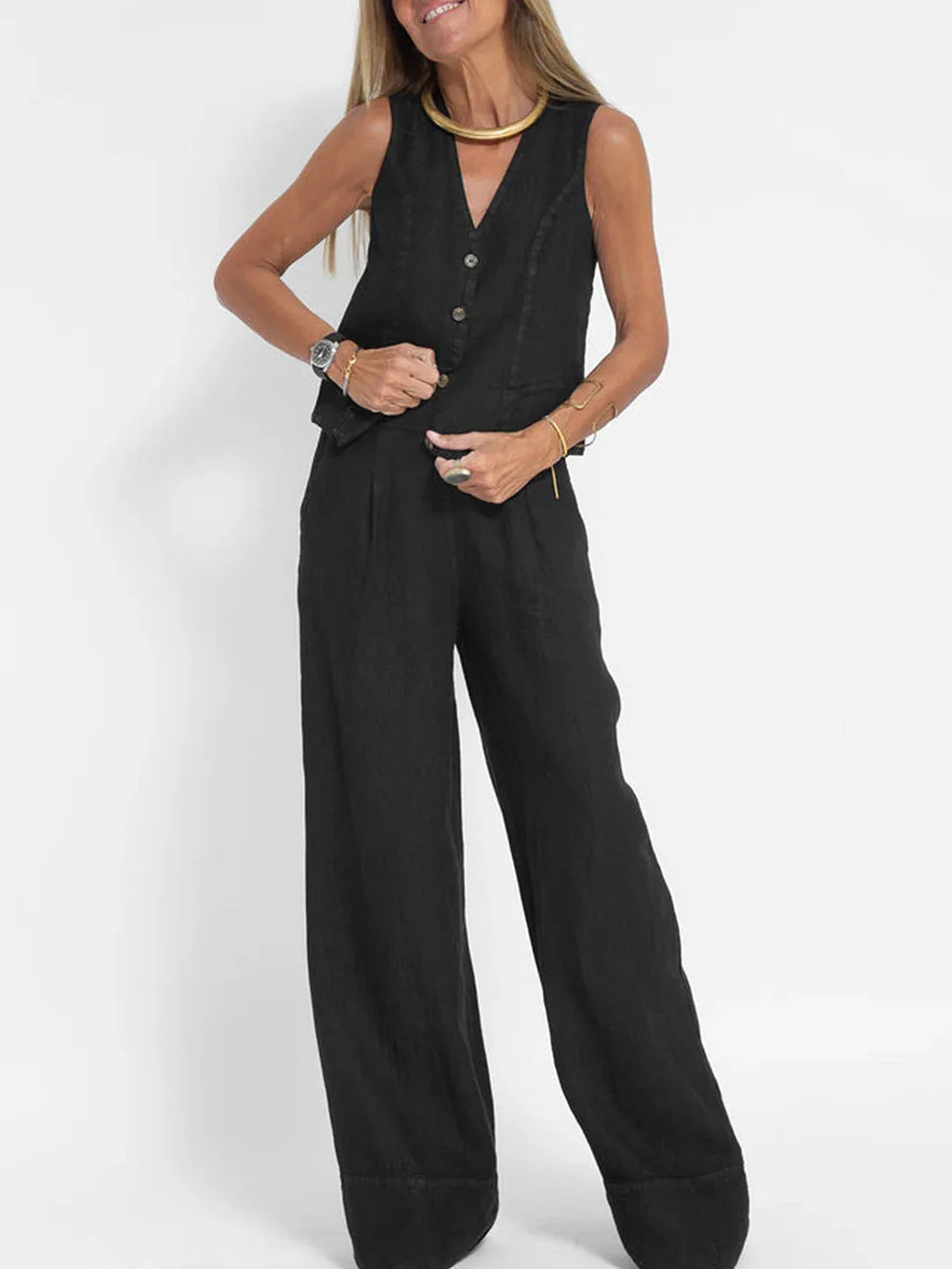 Women's Clothing 2024 Spring Summer New Fashionable Vest Pants Collage Splicing Pure Sleeveless Color Temperament Casual Suit