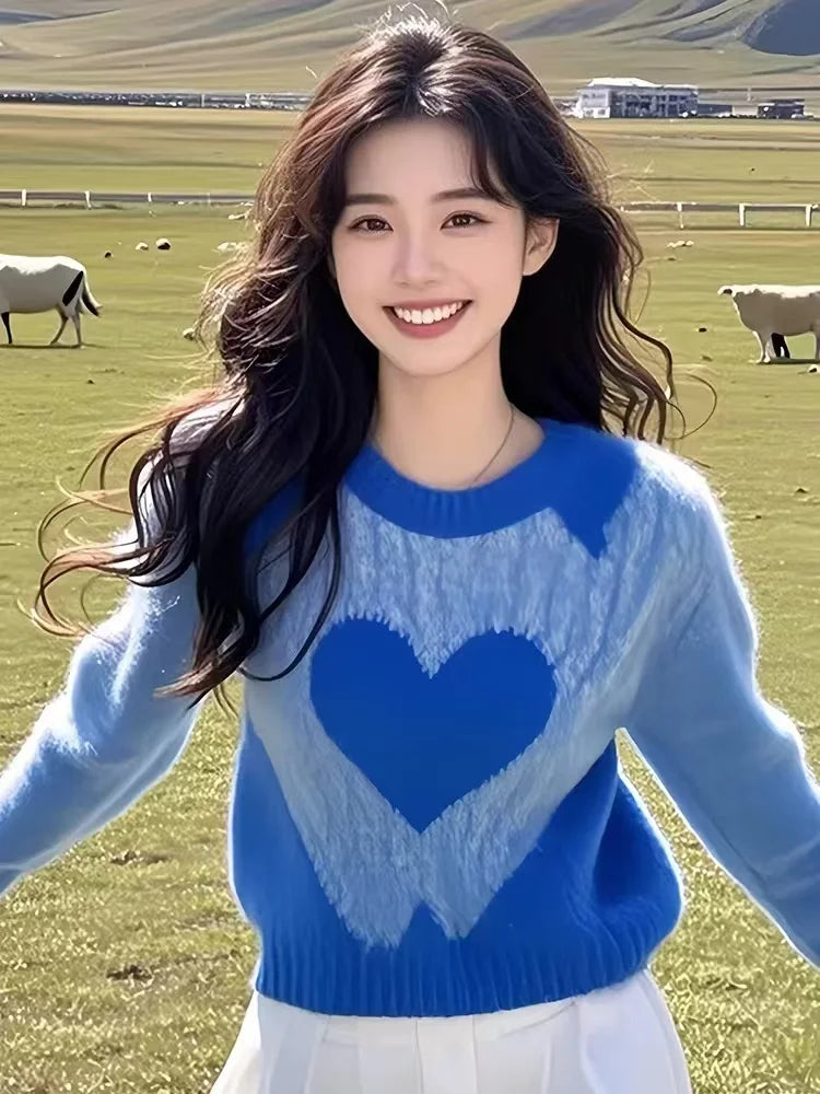 Women's Clothing Casual Blue Love Sweaters Autumn/winter New Long Sleeve Loose Gentle Pullover Lady O-neck All-match Fashion Top