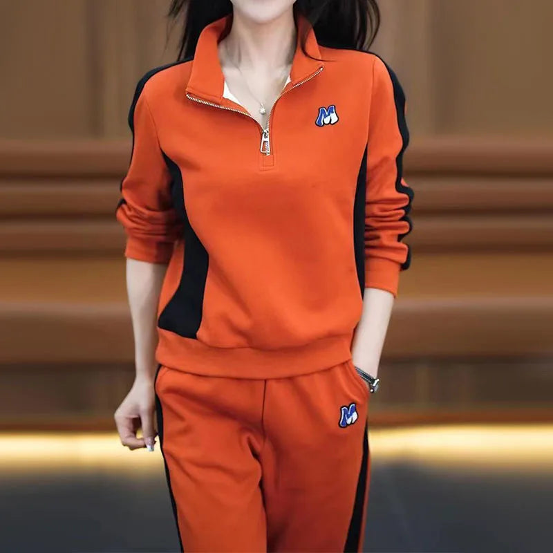 Women Clothing Sets Stand Collar Sweatshirts+Pants 2Pcs Suits 2024 Spring Autumn Casual Tracksuit Lady Fashion Patchwork Outfits