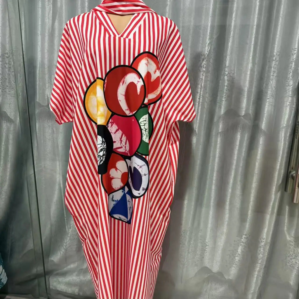 Women's clothing 2026 autumn new style sweet and fresh striped V-neck batsleeves loose large-size dress long dress