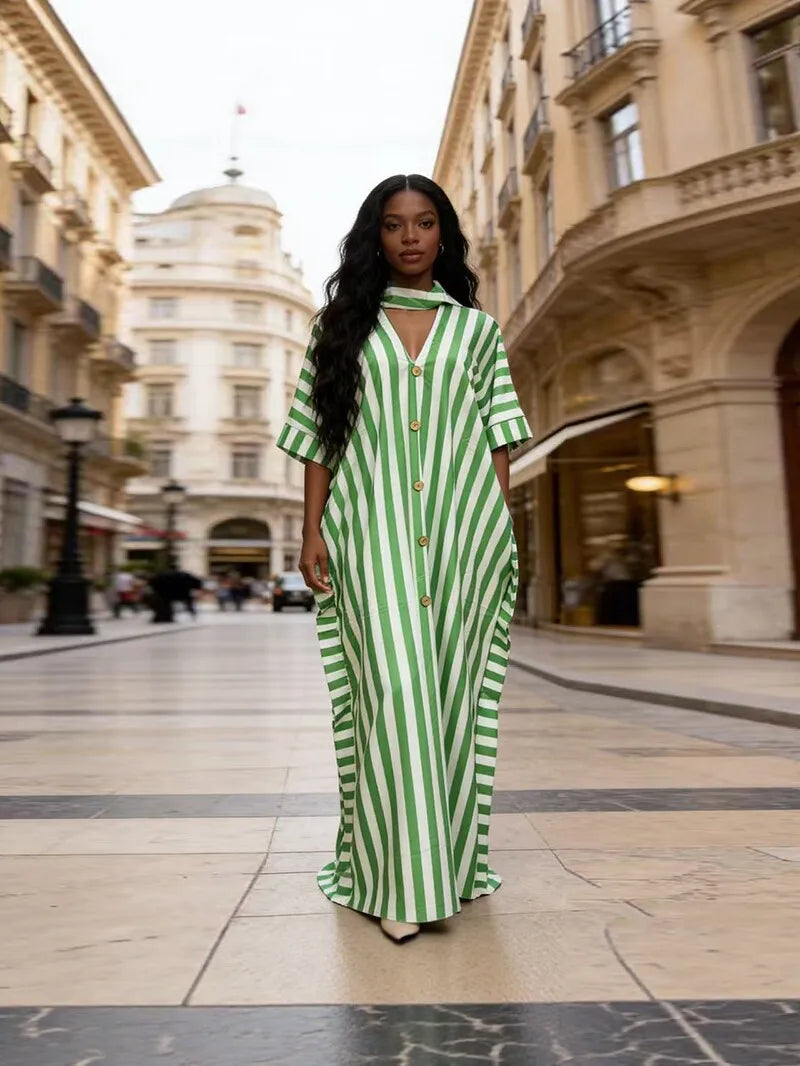 Women's clothing 2026 autumn new style sweet and fresh striped V-neck batsleeves loose large-size dress long dress