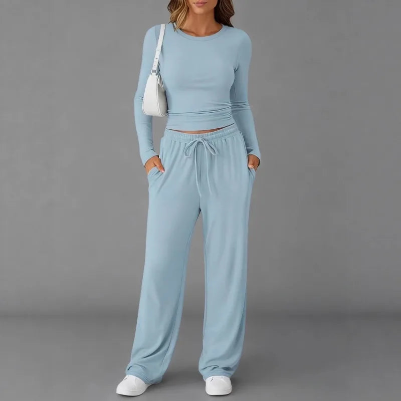 Women's Clothing European American Fashion Casual Sports Autumn Winter Solid Color Drawstring Long-sleeved Suit Pant Sets