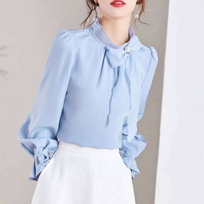 Women's Clothing Commute Stand Collar Bow Blouse Basic Solid Color Spring New Fashion Three-dimensional Decoration Ruffles Shirt