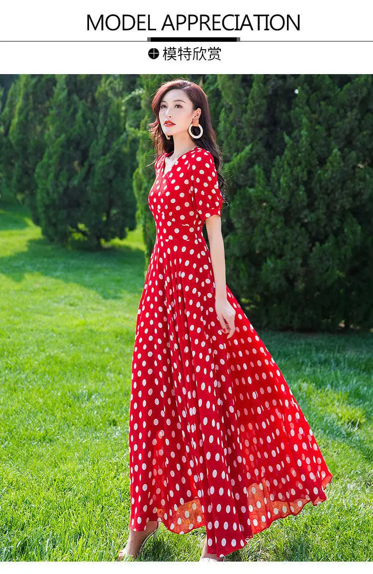 Women's Clothing Red Polka Dot  Summer Dress New Vacation Bohemian Beach Chiffon Long Dresses Female Vestidos Elegant Lady Dress