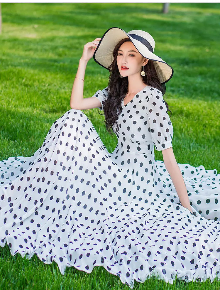 Women's Clothing Red Polka Dot  Summer Dress New Vacation Bohemian Beach Chiffon Long Dresses Female Vestidos Elegant Lady Dress