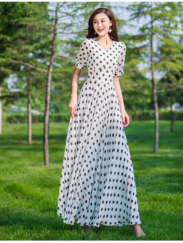 Women's Clothing Red Polka Dot  Summer Dress New Vacation Bohemian Beach Chiffon Long Dresses Female Vestidos Elegant Lady Dress