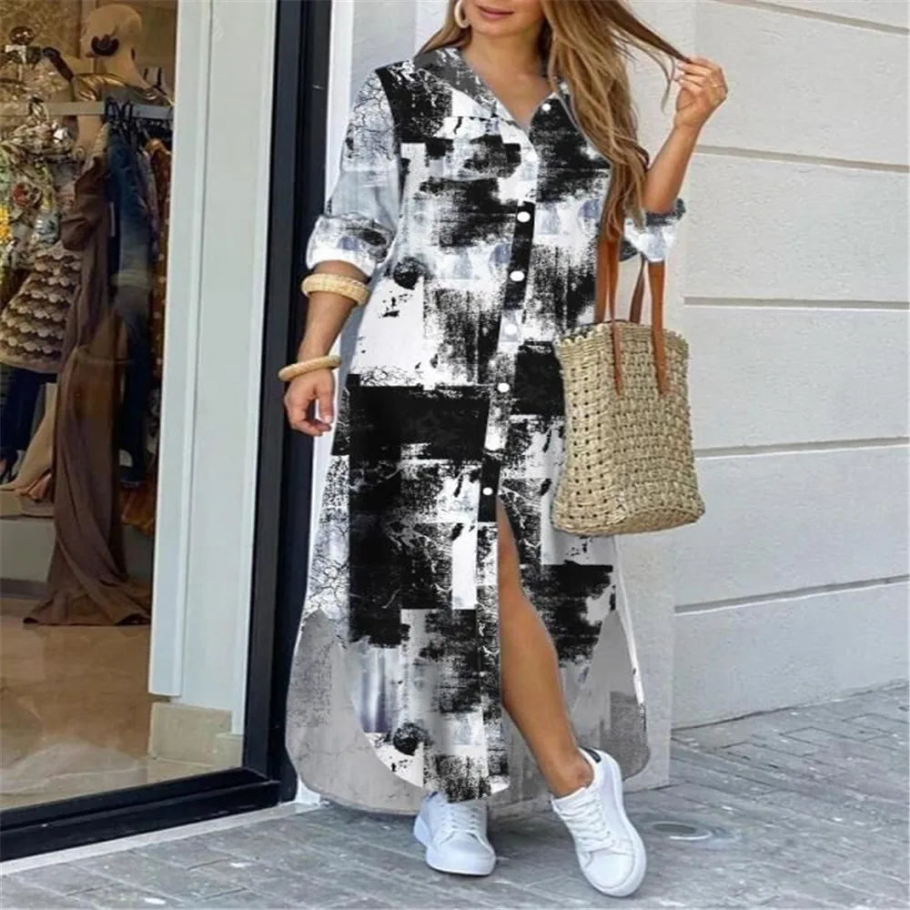 Women Dresses Fashion Sexy Single-breasted Dress Loose Lapel Casual Women's Clothing  Literary Printing Long Shirt Skirt