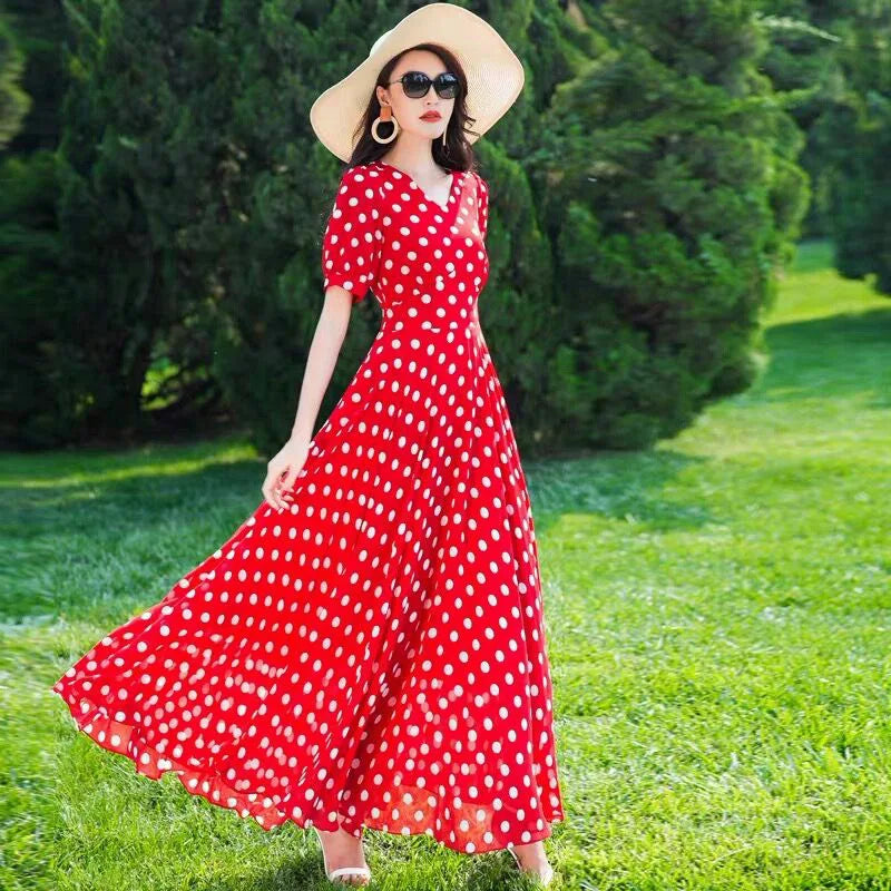 Women's Clothing Red Polka Dot  Summer Dress New Vacation Bohemian Beach Chiffon Long Dresses Female Vestidos Elegant Lady Dress