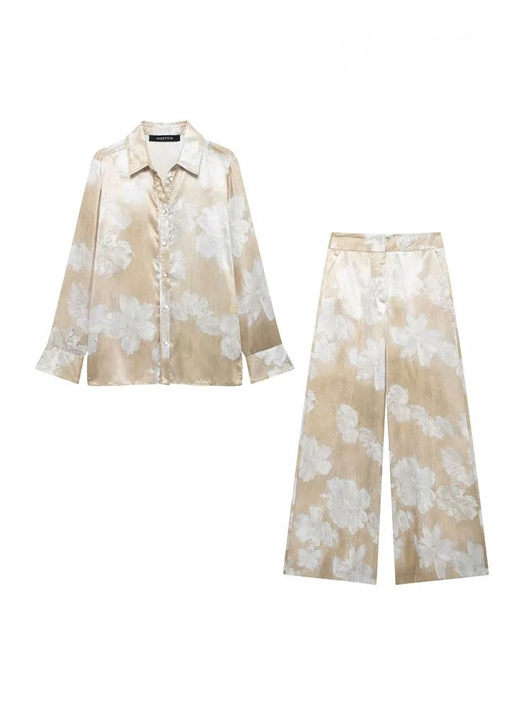 HH Women's Summer Clothing Chic Floral Print Silk Satin Casual Shirt + Retro Zipper Fly Pocket Trousers 2-piece Set
