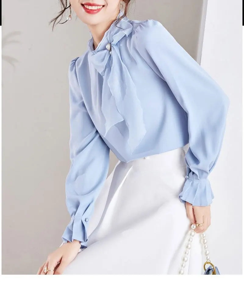 Women's Clothing Commute Stand Collar Bow Blouse Basic Solid Color Spring New Fashion Three-dimensional Decoration Ruffles Shirt