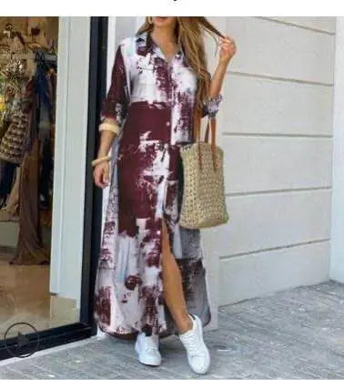 Women Dresses Fashion Sexy Single-breasted Dress Loose Lapel Casual Women's Clothing  Literary Printing Long Shirt Skirt