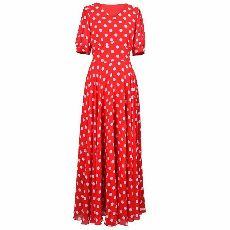 Women's Clothing Red Polka Dot  Summer Dress New Vacation Bohemian Beach Chiffon Long Dresses Female Vestidos Elegant Lady Dress