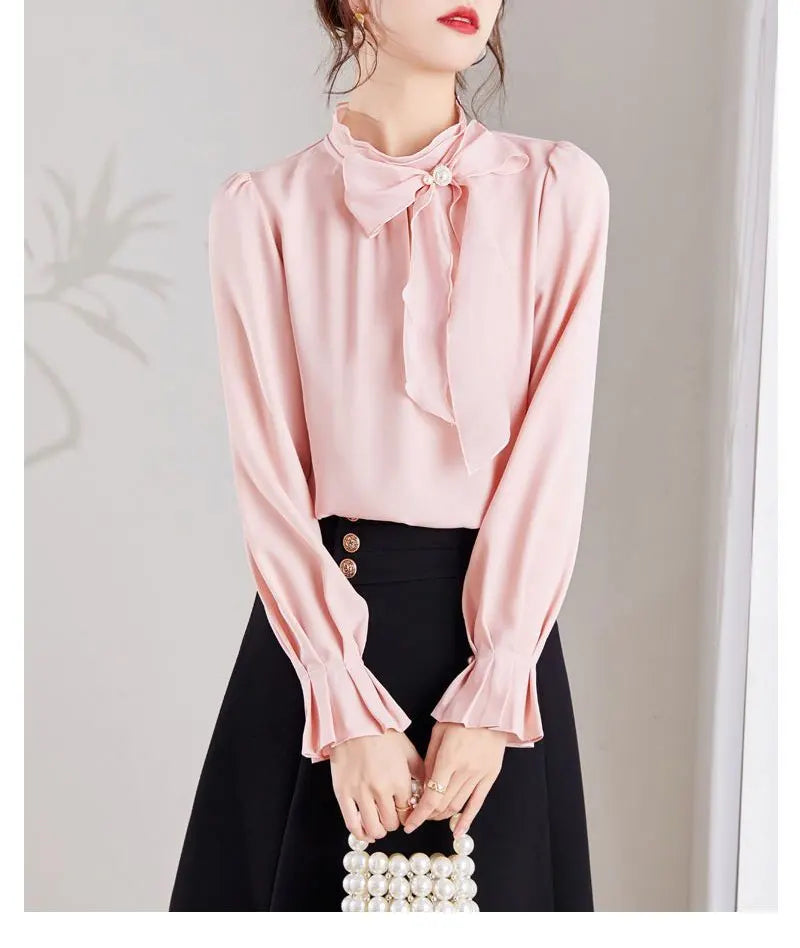 Women's Clothing Commute Stand Collar Bow Blouse Basic Solid Color Spring New Fashion Three-dimensional Decoration Ruffles Shirt
