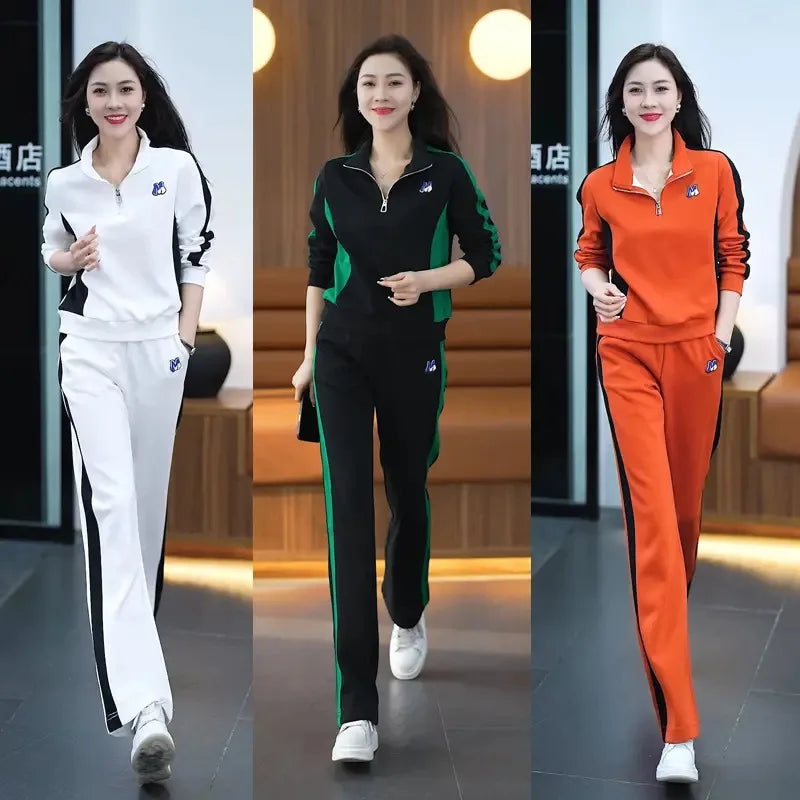 Women Clothing Sets Stand Collar Sweatshirts+Pants 2Pcs Suits 2024 Spring Autumn Casual Tracksuit Lady Fashion Patchwork Outfits