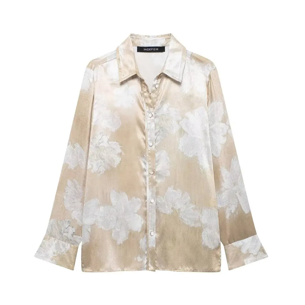 HH Women's Summer Clothing Chic Floral Print Silk Satin Casual Shirt + Retro Zipper Fly Pocket Trousers 2-piece Set