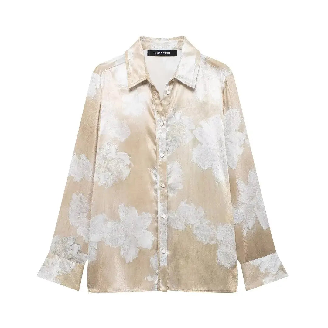 HH Women's Summer Clothing Chic Floral Print Silk Satin Casual Shirt + Retro Zipper Fly Pocket Trousers 2-piece Set