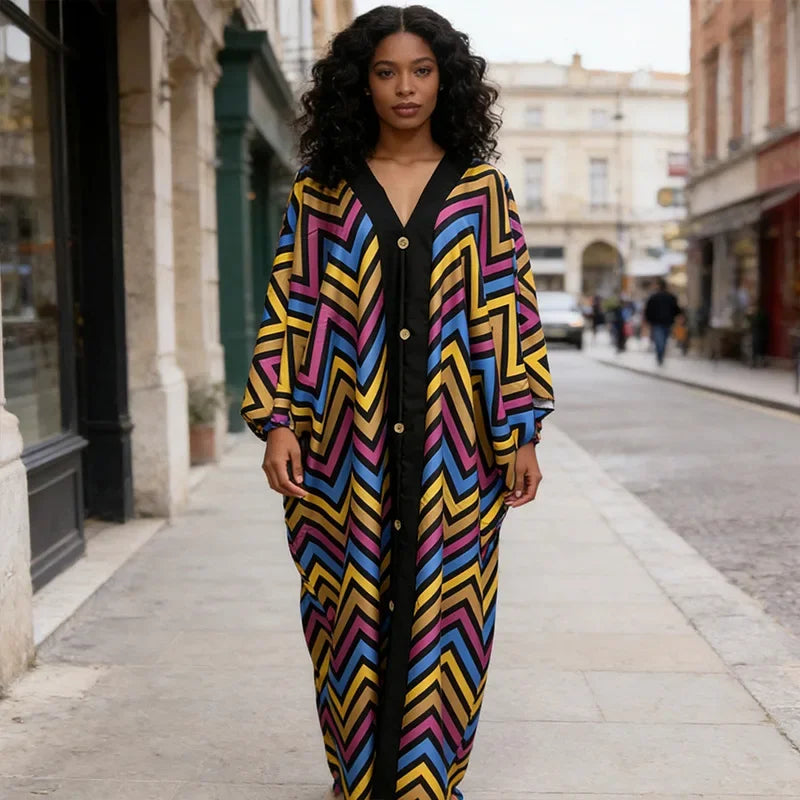 Women's clothing 2026 autumn new style sweet and fresh striped V-neck batsleeves loose large-size dress long dress