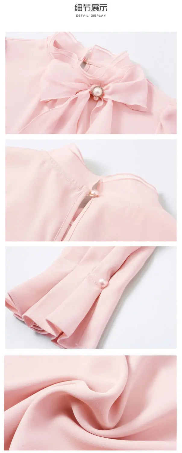 Women's Clothing Commute Stand Collar Bow Blouse Basic Solid Color Spring New Fashion Three-dimensional Decoration Ruffles Shirt