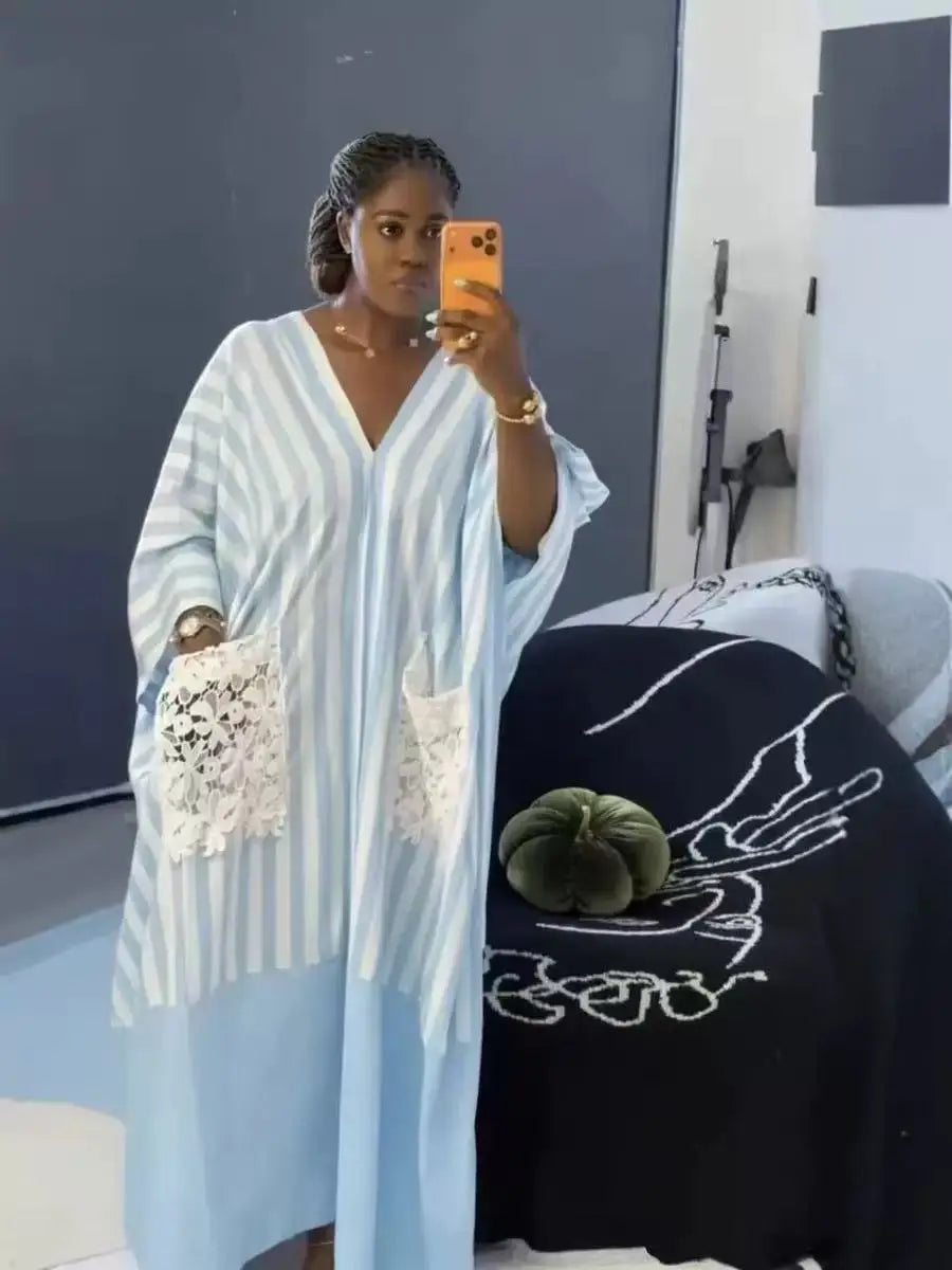 Women's clothing 2026 autumn new style sweet and fresh striped V-neck batsleeves loose large-size dress long dress