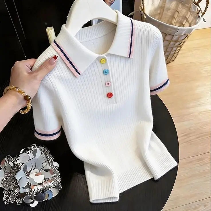 Women Clothing Fashion All-match Turn-down Collar Button T-shirt Summer New Elegant Solid Patchwork Short Sleeve Tops Lady Tunic