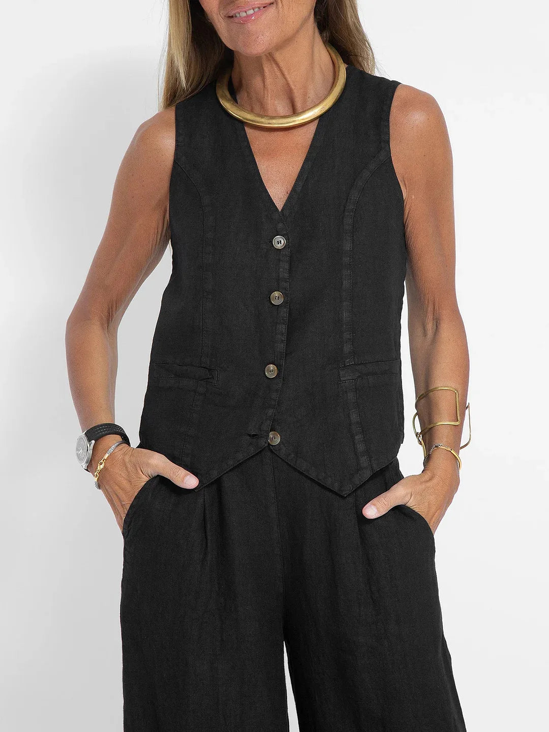 Women's Clothing 2024 Spring Summer New Fashionable Vest Pants Collage Splicing Pure Sleeveless Color Temperament Casual Suit