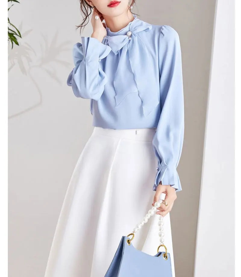 Women's Clothing Commute Stand Collar Bow Blouse Basic Solid Color Spring New Fashion Three-dimensional Decoration Ruffles Shirt