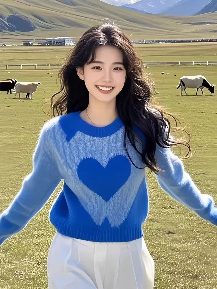 Women's Clothing Casual Blue Love Sweaters Autumn/winter New Long Sleeve Loose Gentle Pullover Lady O-neck All-match Fashion Top