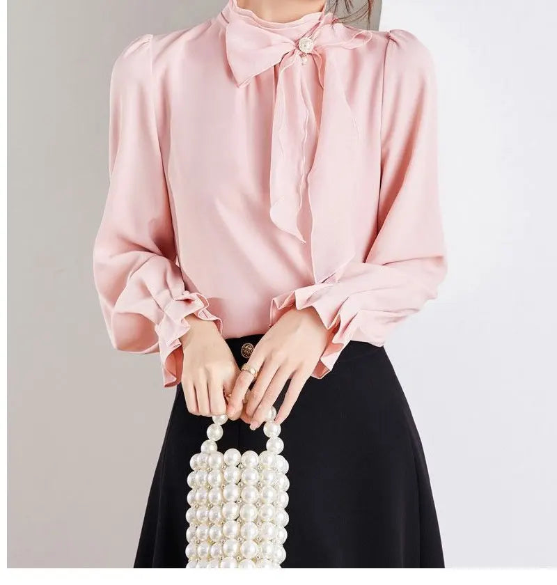 Women's Clothing Commute Stand Collar Bow Blouse Basic Solid Color Spring New Fashion Three-dimensional Decoration Ruffles Shirt