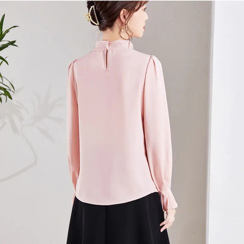 Women's Clothing Commute Stand Collar Bow Blouse Basic Solid Color Spring New Fashion Three-dimensional Decoration Ruffles Shirt