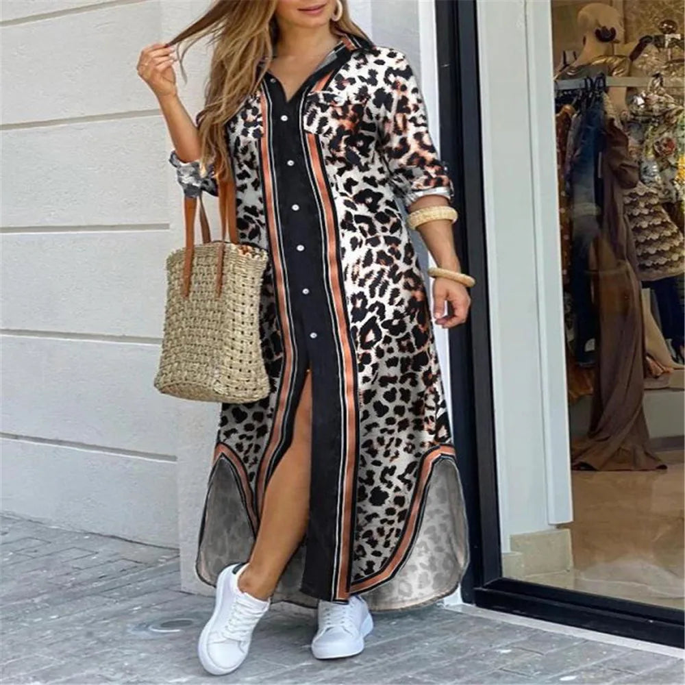 Women Dresses Fashion Sexy Single-breasted Dress Loose Lapel Casual Women's Clothing  Literary Printing Long Shirt Skirt