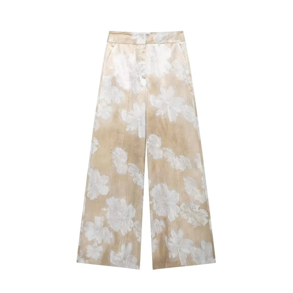 HH Women's Summer Clothing Chic Floral Print Silk Satin Casual Shirt + Retro Zipper Fly Pocket Trousers 2-piece Set