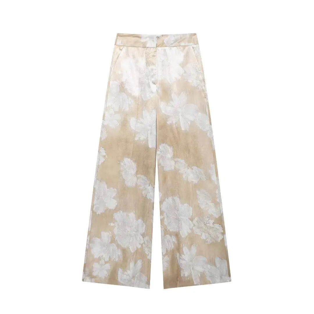 HH Women's Summer Clothing Chic Floral Print Silk Satin Casual Shirt + Retro Zipper Fly Pocket Trousers 2-piece Set
