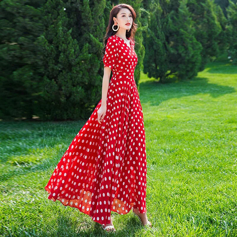 Women's Clothing Red Polka Dot  Summer Dress New Vacation Bohemian Beach Chiffon Long Dresses Female Vestidos Elegant Lady Dress