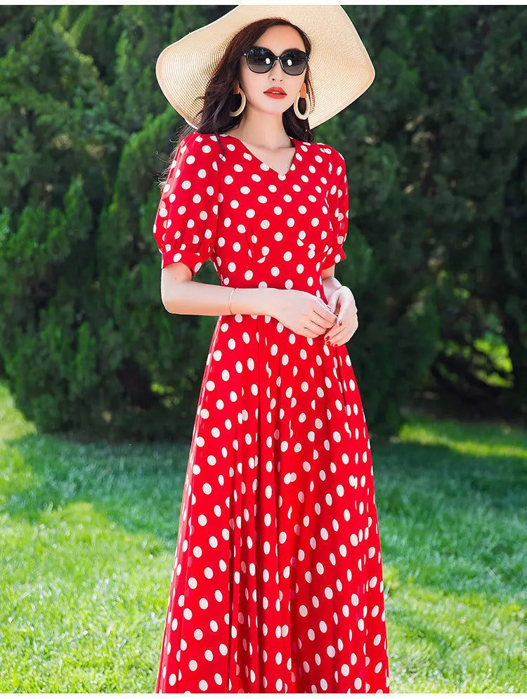 Women's Clothing Red Polka Dot  Summer Dress New Vacation Bohemian Beach Chiffon Long Dresses Female Vestidos Elegant Lady Dress