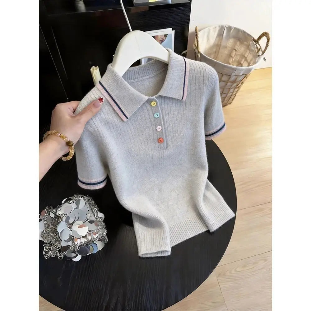 Women Clothing Fashion All-match Turn-down Collar Button T-shirt Summer New Elegant Solid Patchwork Short Sleeve Tops Lady Tunic