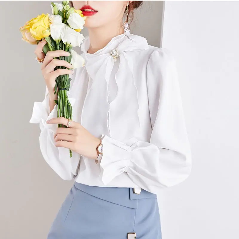 Women's Clothing Commute Stand Collar Bow Blouse Basic Solid Color Spring New Fashion Three-dimensional Decoration Ruffles Shirt