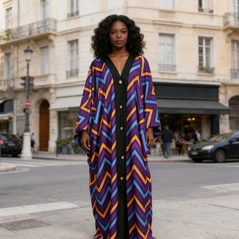 Women's clothing 2026 autumn new style sweet and fresh striped V-neck batsleeves loose large-size dress long dress