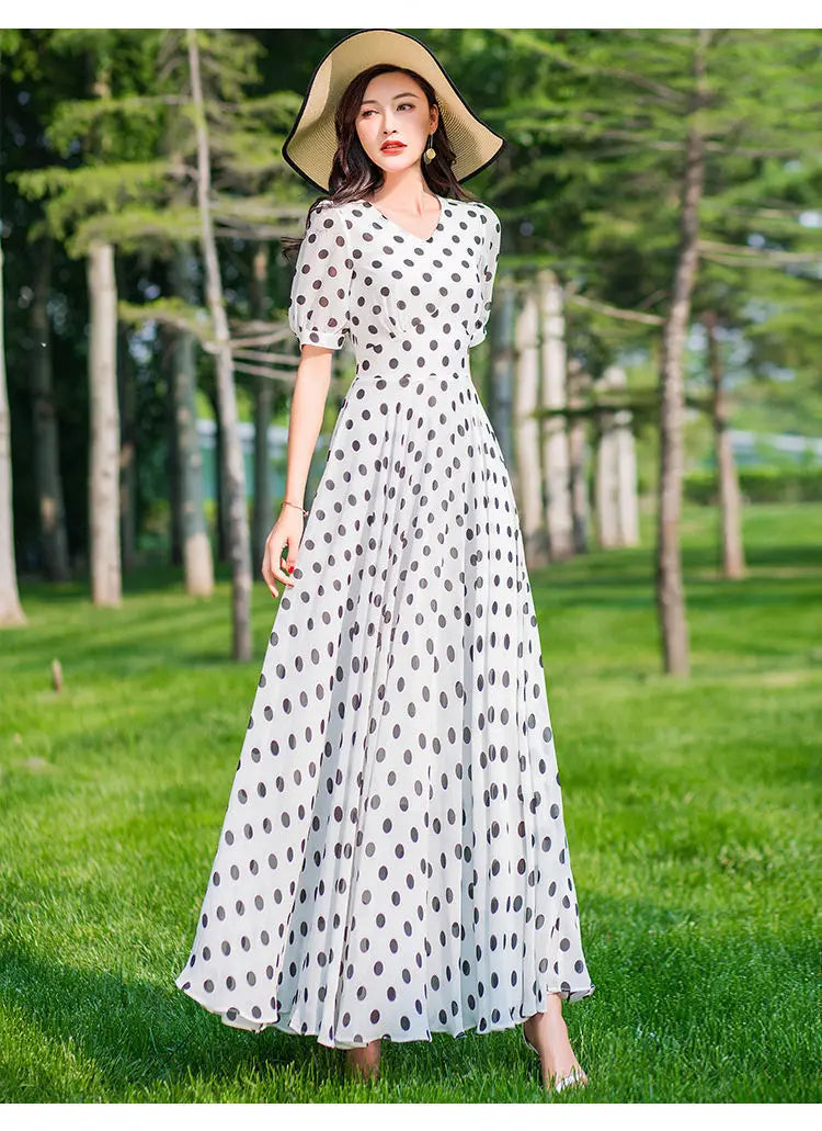 Women's Clothing Red Polka Dot  Summer Dress New Vacation Bohemian Beach Chiffon Long Dresses Female Vestidos Elegant Lady Dress