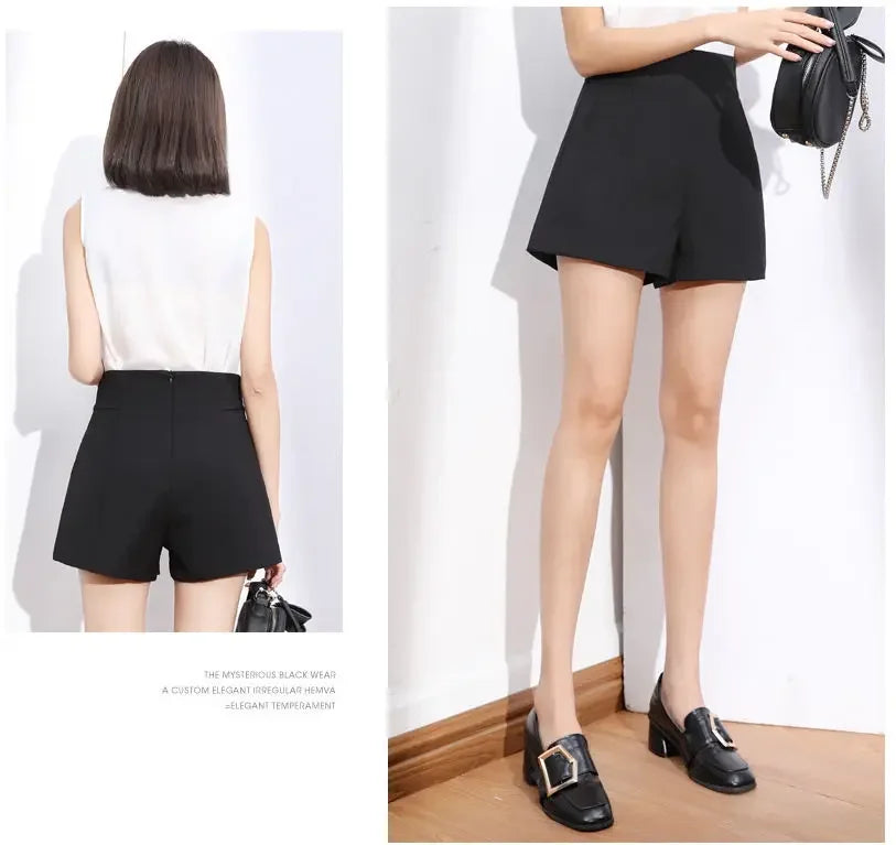 Women's Clothing Black Dress Shorts Summer High Waist A-Line Chiffon Wide Leg Slim Fit Korean Style Office Casual