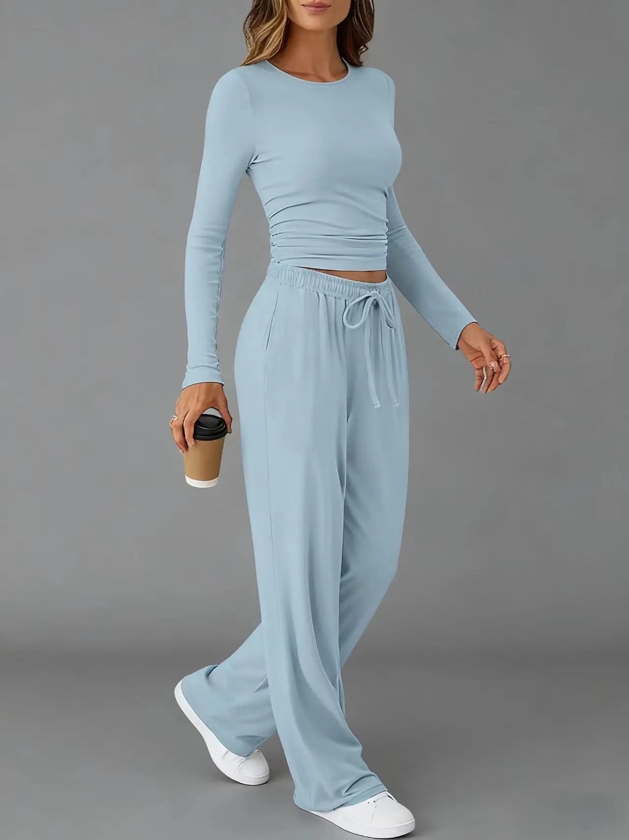 Women's Clothing European American Fashion Casual Sports Autumn Winter Solid Color Drawstring Long-sleeved Suit Pant Sets