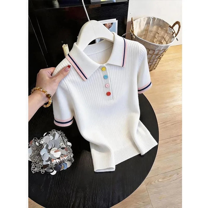 Women Clothing Fashion All-match Turn-down Collar Button T-shirt Summer New Elegant Solid Patchwork Short Sleeve Tops Lady Tunic