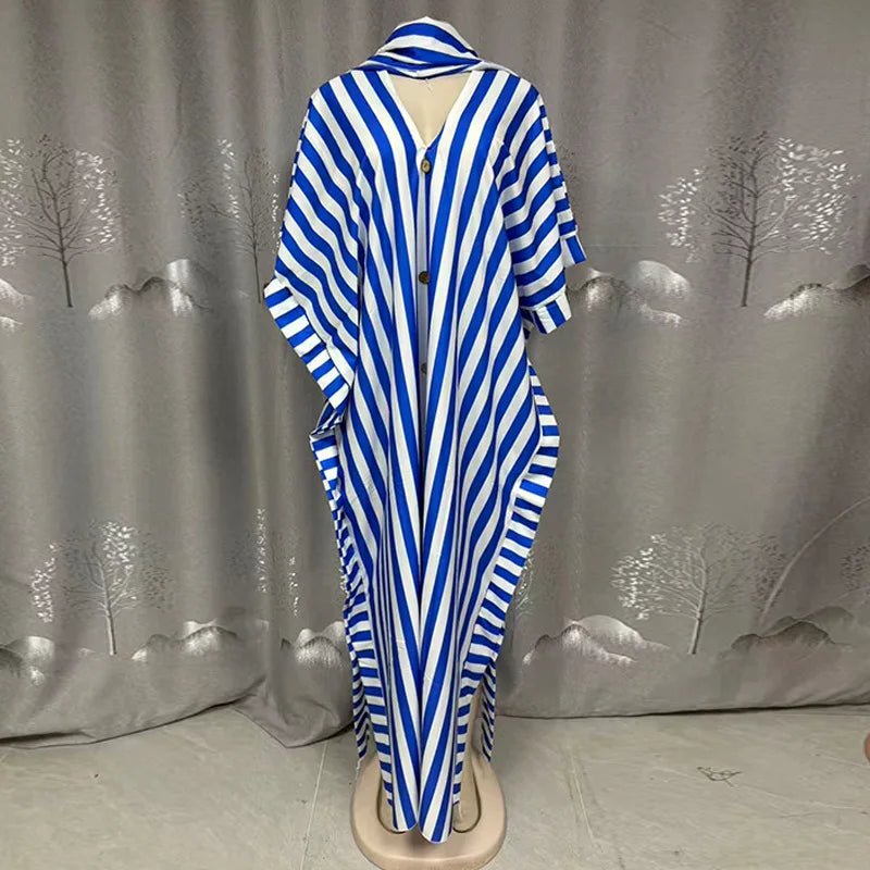 Women's clothing 2026 autumn new style sweet and fresh striped V-neck batsleeves loose large-size dress long dress