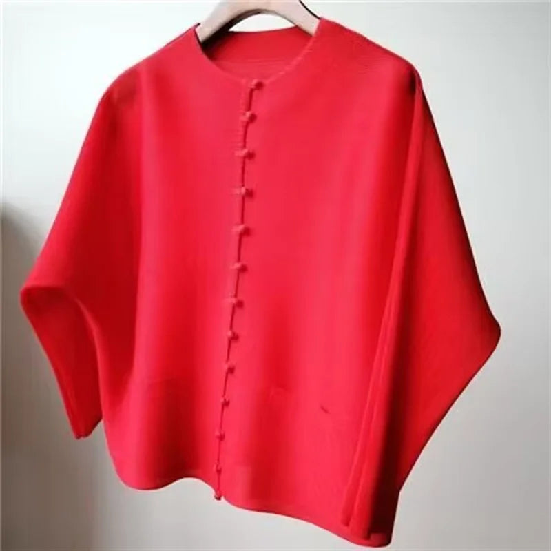 Woman Clothing T-shirt Bat Sleeves Loose and Pleated Small Jacket Women's Single-breasted Pocket Design Pleated Semi-Turtleneck